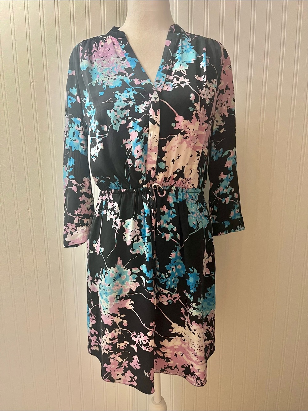 Diane Von Furstenberg Black Dress with Pink & Blue Floral Print
